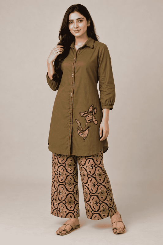 Mehendi Brown Cotton Kurta With Patchwork and Printed Pant Set