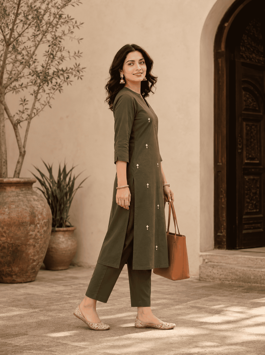 Military Green Pure Cambric Cotton Kurta Pant Set