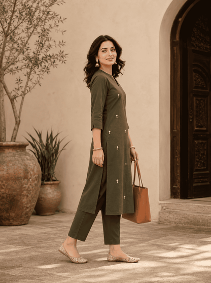 Military Green Pure Cambric Cotton Kurta Pant Set