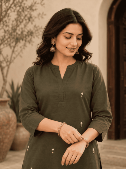 Military Green Pure Cambric Cotton Kurta Pant Set