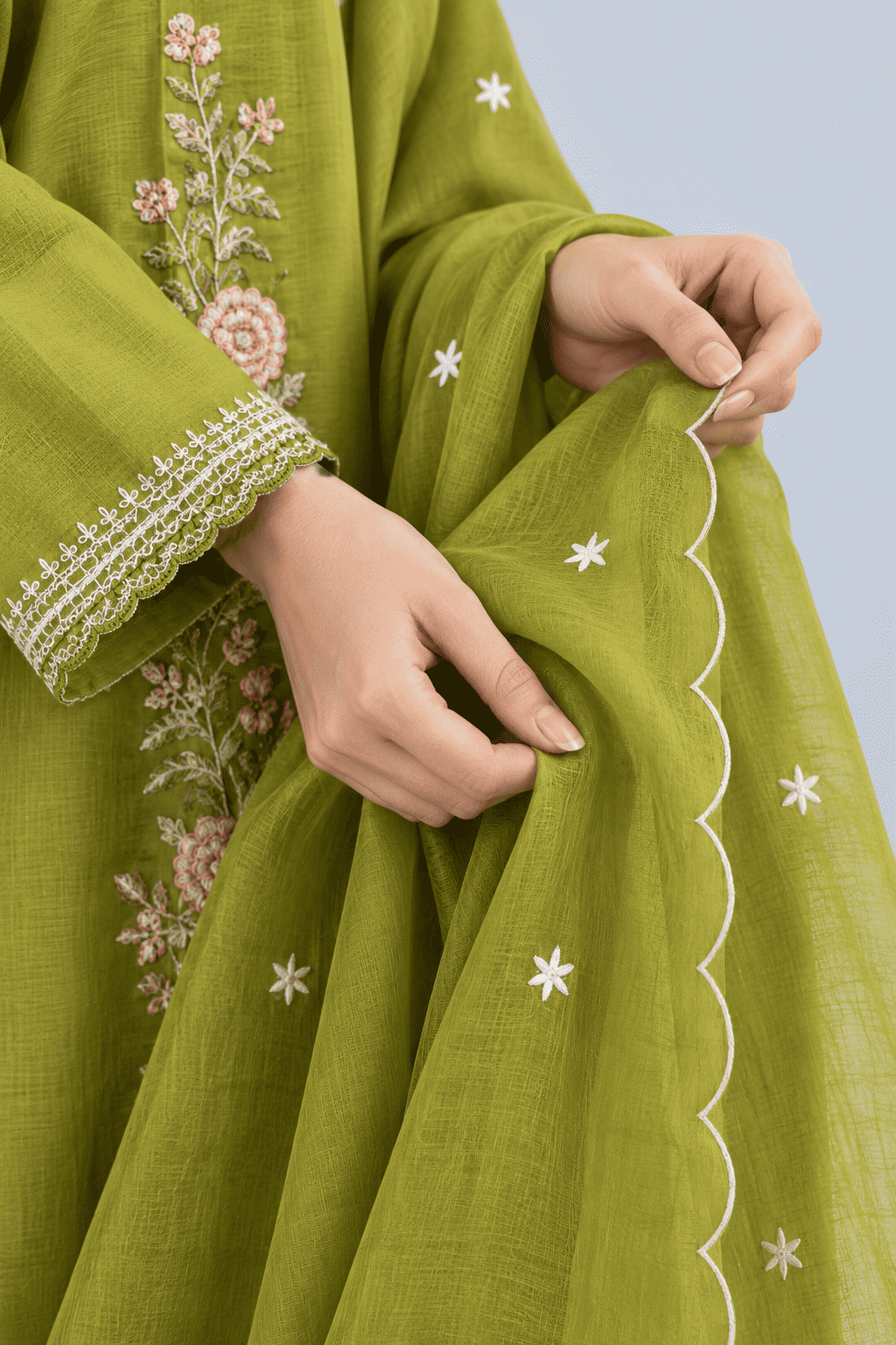 Olive Green Silk Embroidered Kurta pant Set with Dupatta