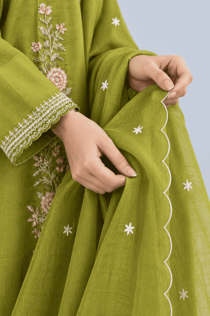 Olive Green Silk Embroidered Kurta pant Set with Dupatta