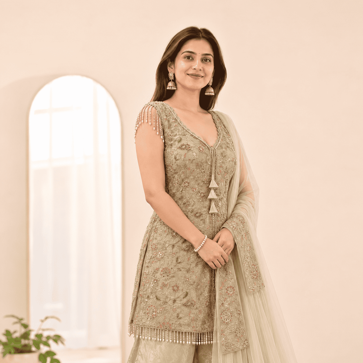 Champagne Gold Embroidered Shimmer Silk Front Slit Peplum Kurta Sharara and Dupatta Set