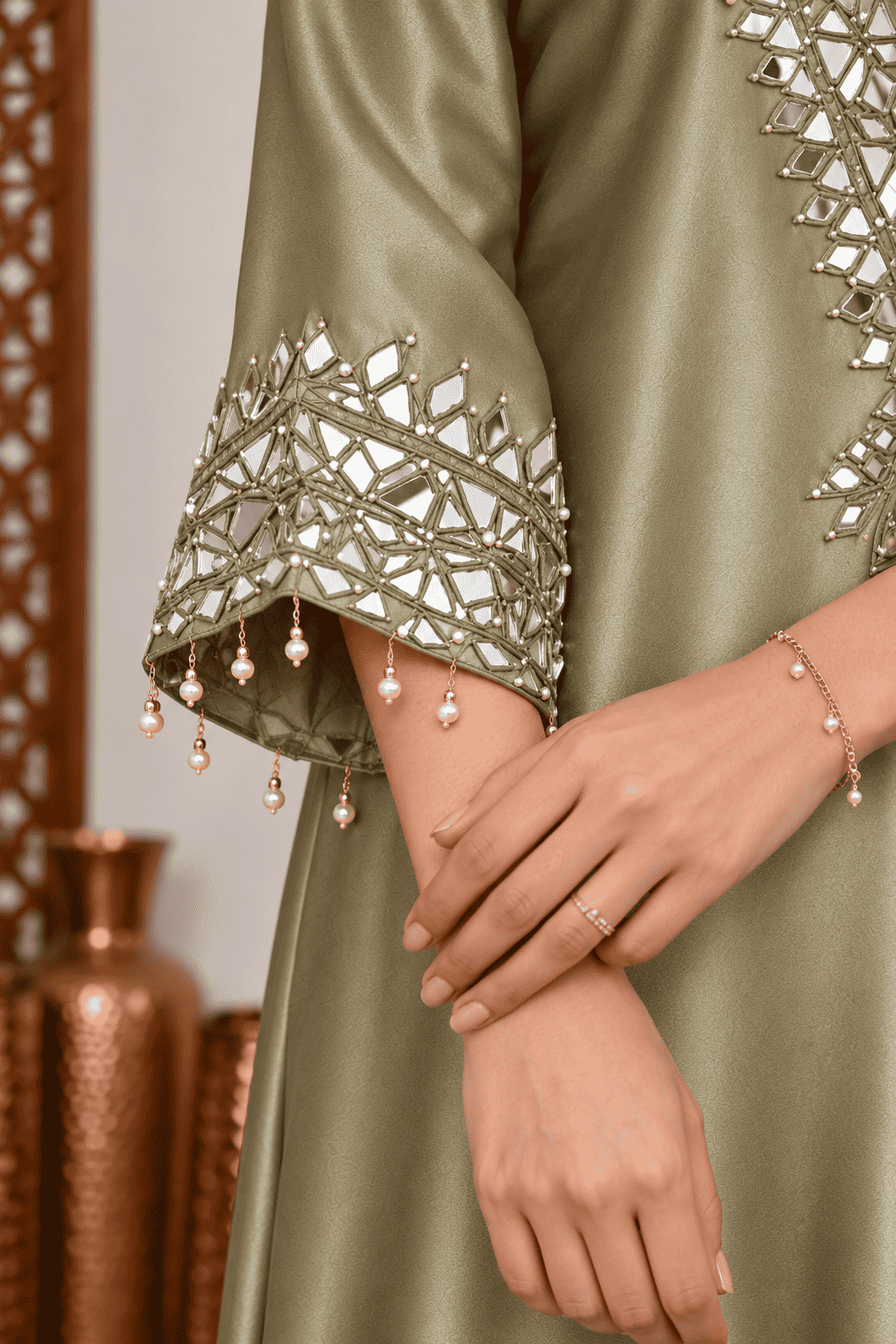 Golden Kareena Style Mirror Work Giraffe Silk Dress