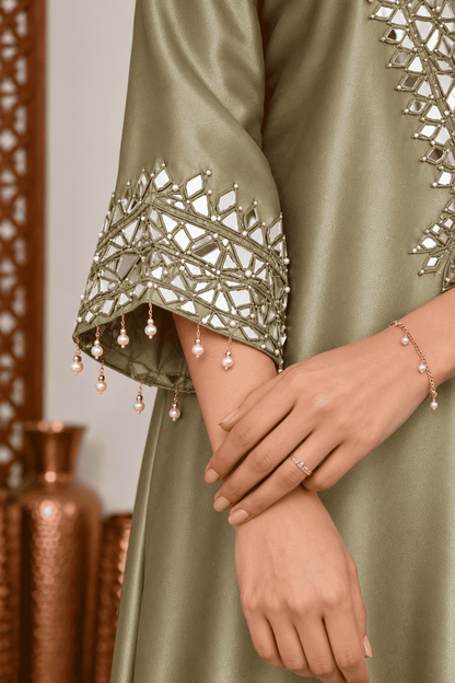 Golden Kareena Style Mirror Work Giraffe Silk Dress