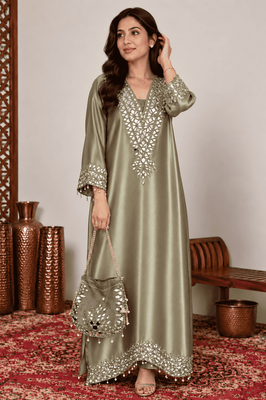 Golden Kareena Style Mirror Work Giraffe Silk Dress