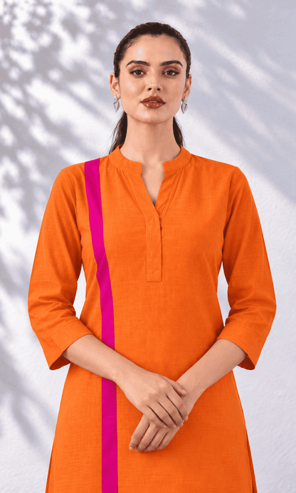 Orange linen colour block Kurta pant set