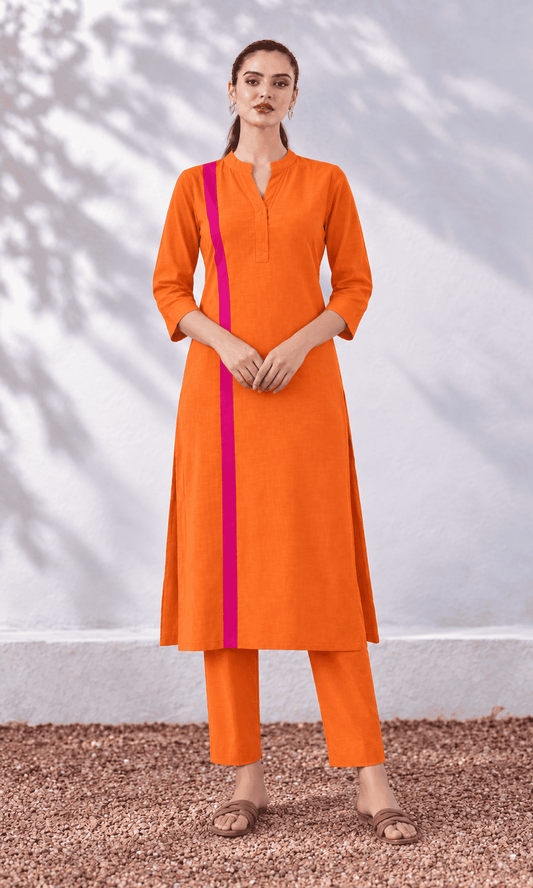 Orange linen colour block Kurta pant set