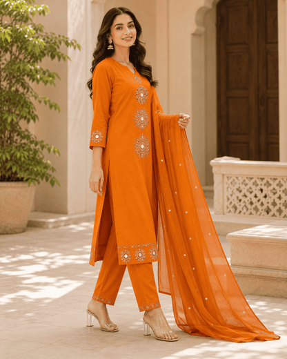 Orange Cotton Embroidered Kurta Set With Dupatta