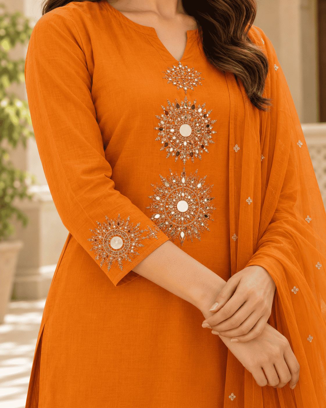 Orange Cotton Embroidered Kurta Set With Dupatta