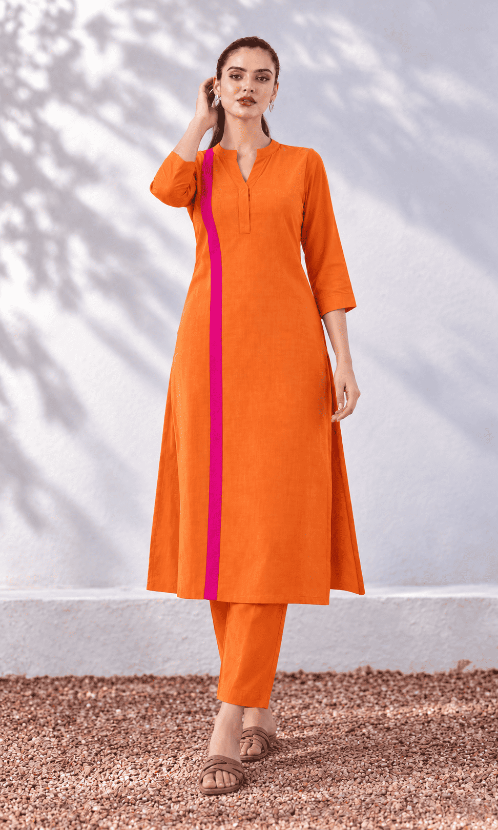 Orange linen colour block Kurta pant set