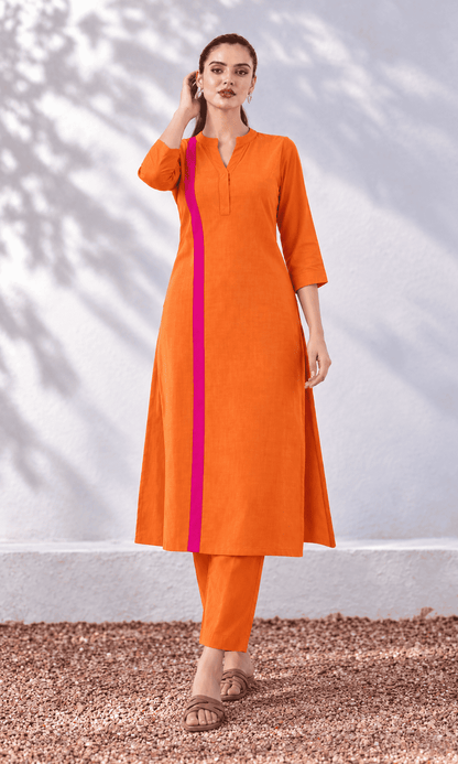 Orange linen colour block Kurta pant set