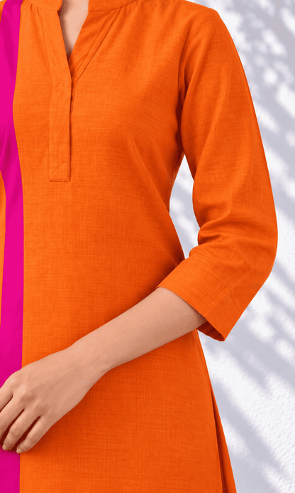 Orange linen colour block Kurta pant set