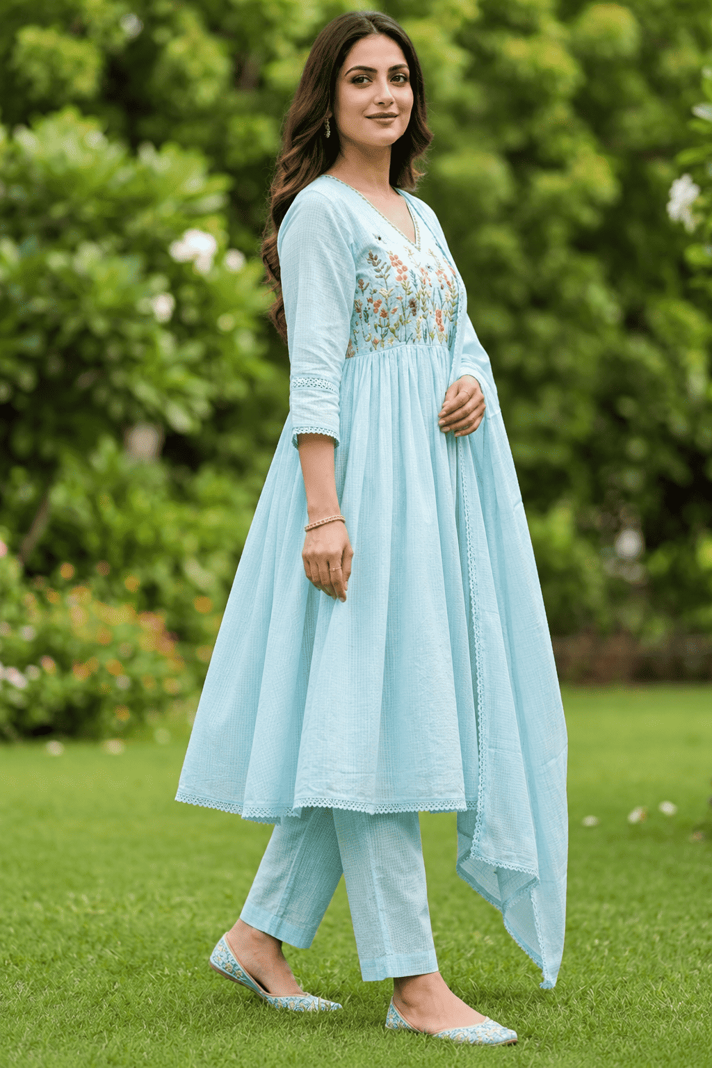 Pastel Blue malmal Embroidered Kurta pant Set with Dupatta