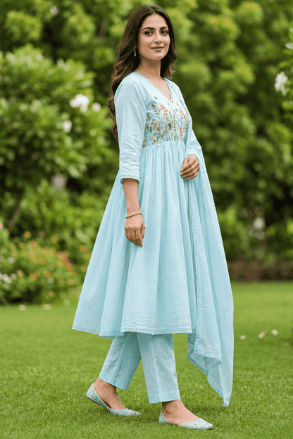 Pastel Blue malmal Embroidered Kurta pant Set with Dupatta