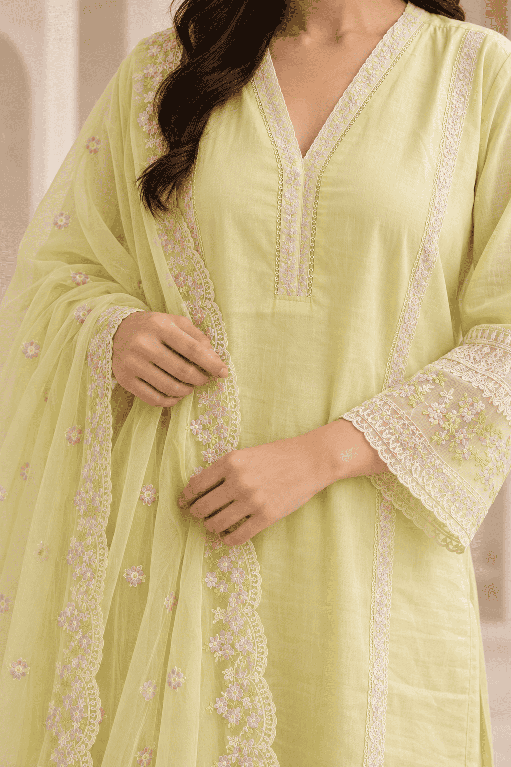 Pastel green silk embroidered kurta pant set with dupatta