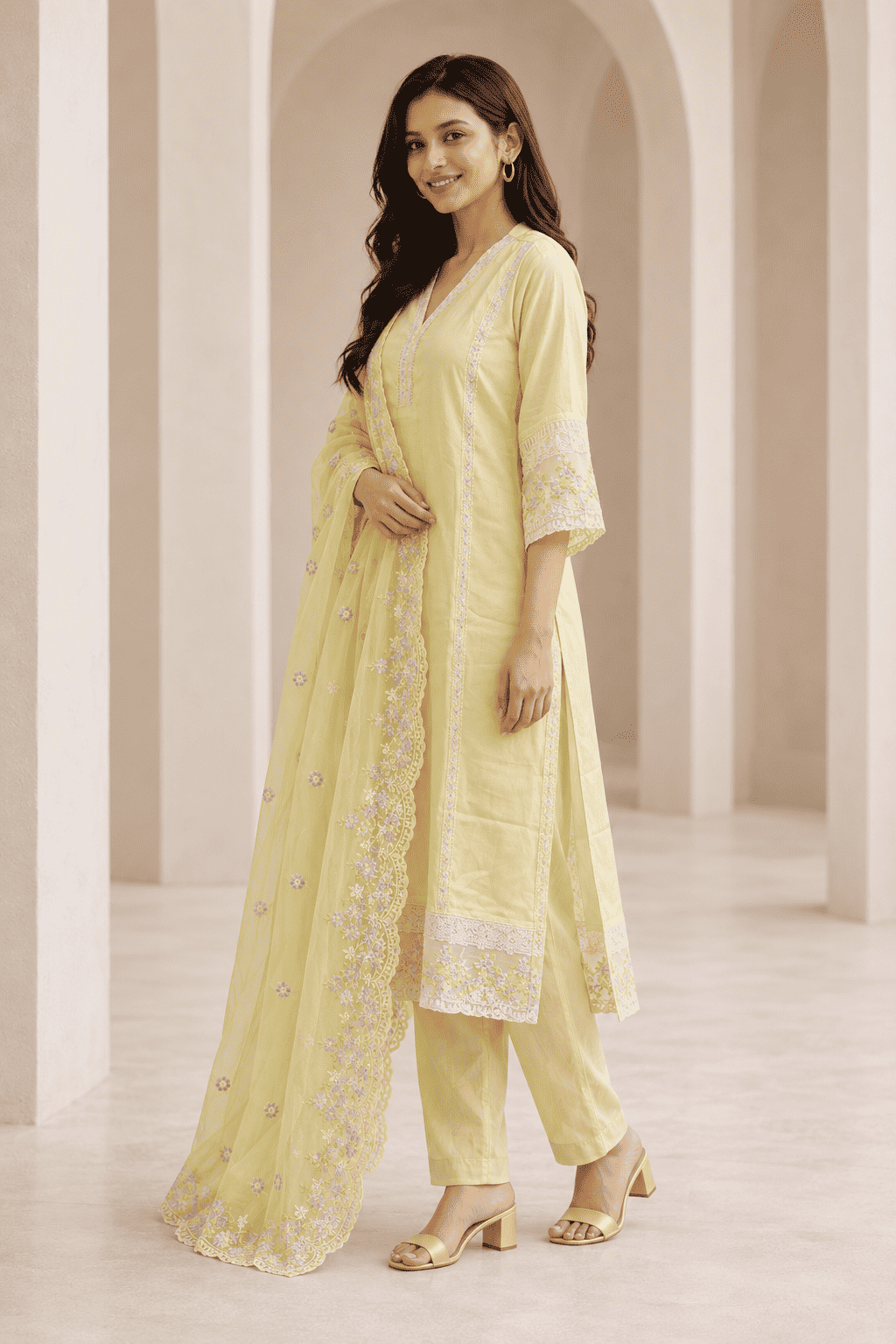 Pastel green silk embroidered kurta pant set with dupatta
