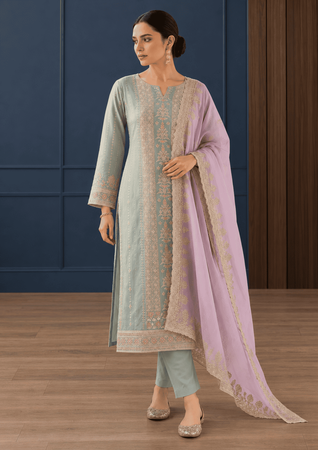 Unstitched Blush Pink Organza Suit With Ivory-Gold Floral Embroidery Suit Material