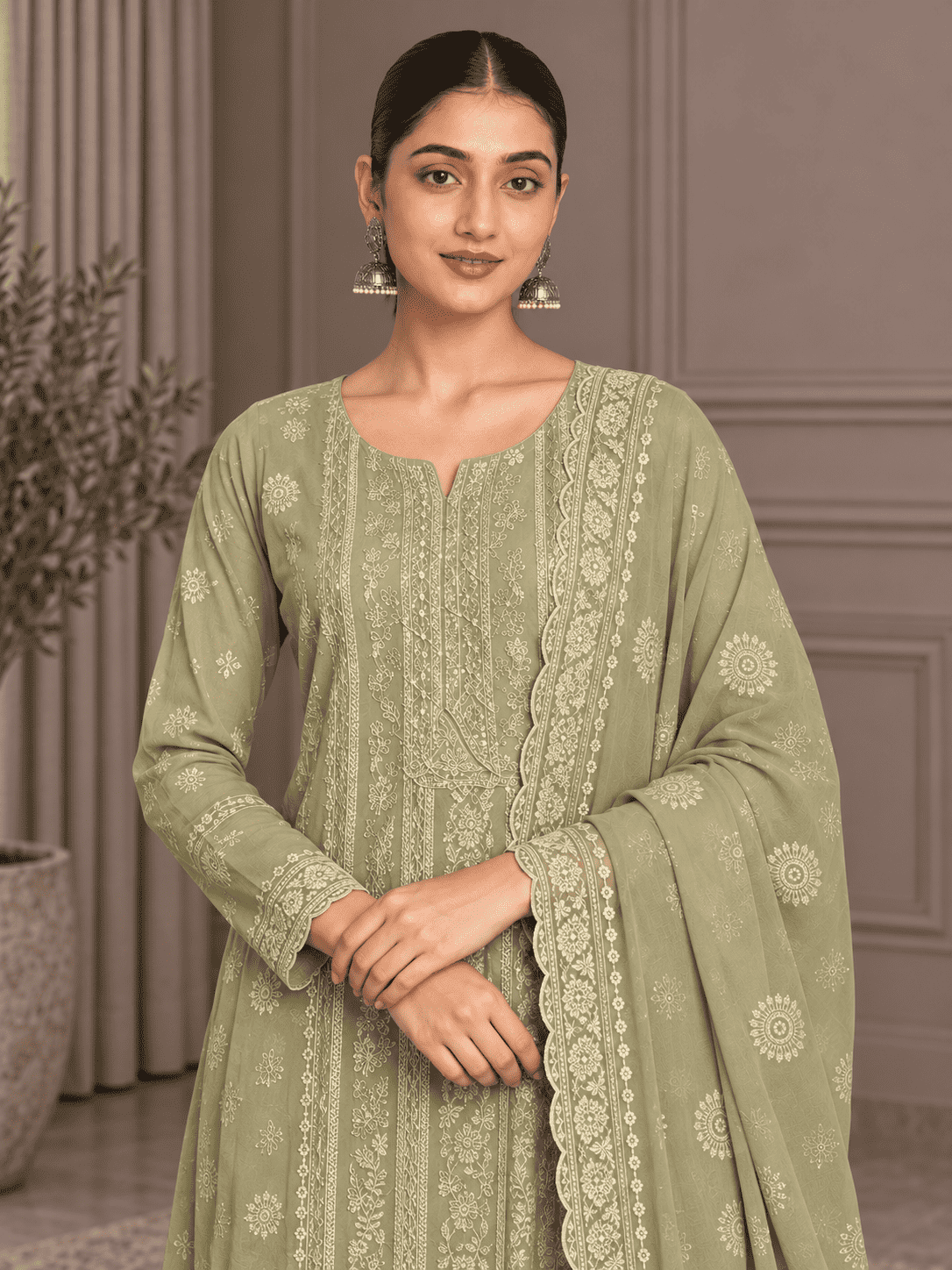 Unstitched Pastel Pistachio Green Chiffon Suit With Intricate Ivory Threadwork And Subtle Sequin Sparkle