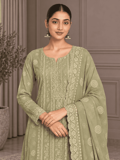 Unstitched Pastel Pistachio Green Chiffon Suit With Intricate Ivory Threadwork And Subtle Sequin Sparkle