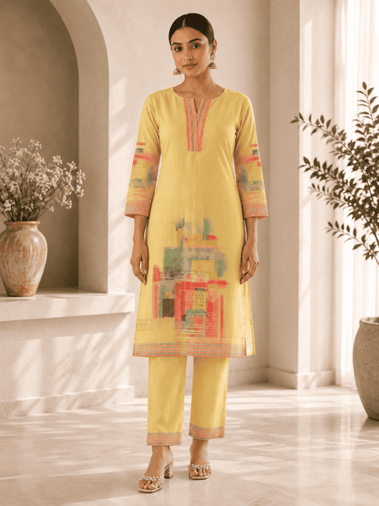 Yellow Digital Printed Cotton Kurta Pant Set