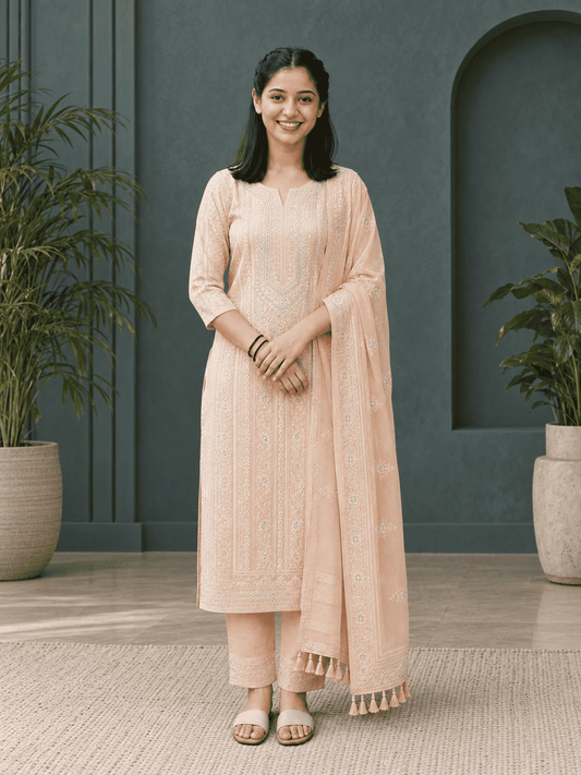 Unstitched Soft Peach Georgette Suit With Ivory Resham Embroidery And Subtle Sequin Highlights