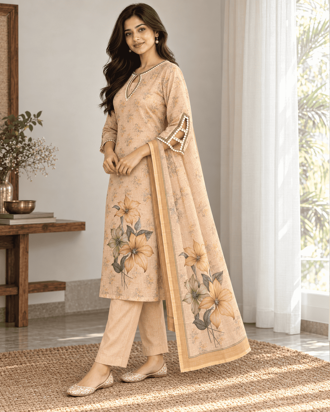 Peach Floral Printed Linen Kurta Pant and Dupatta
