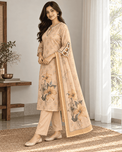 Peach Floral Printed Linen Kurta Pant and Dupatta