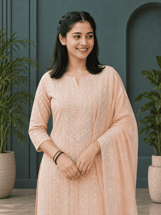 Unstitched Soft Peach Georgette Suit With Ivory Resham Embroidery And Subtle Sequin Highlights
