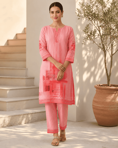 Peach Digital Printed Cotton Kurta Pant Set