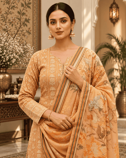 Unstitched Peach Blush Georgette Suit With Intricate White Resham Embroidery And Sequin Highlights