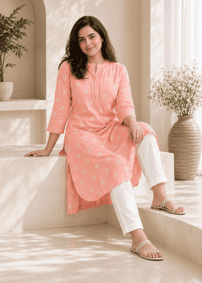 Peach Floral Embroidery Cotton Kurta