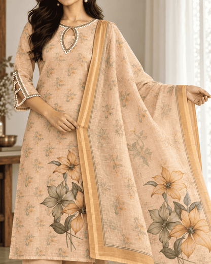Peach Floral Printed Linen Kurta Pant and Dupatta