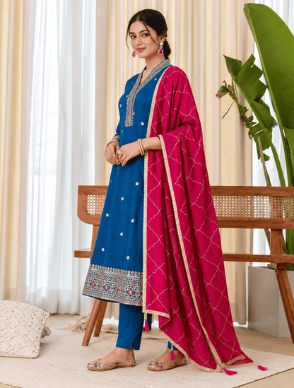 Teal Silk Blend Embroidered Kurta Pant and Dupatta Set