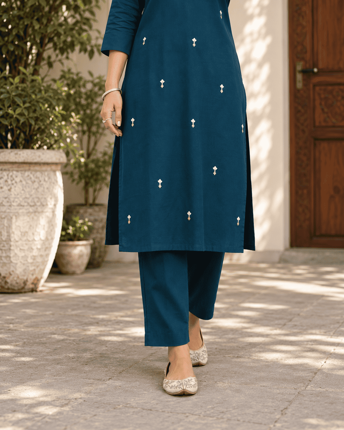 Navy Blue Pure Cambric Cotton Kurta Pant Set