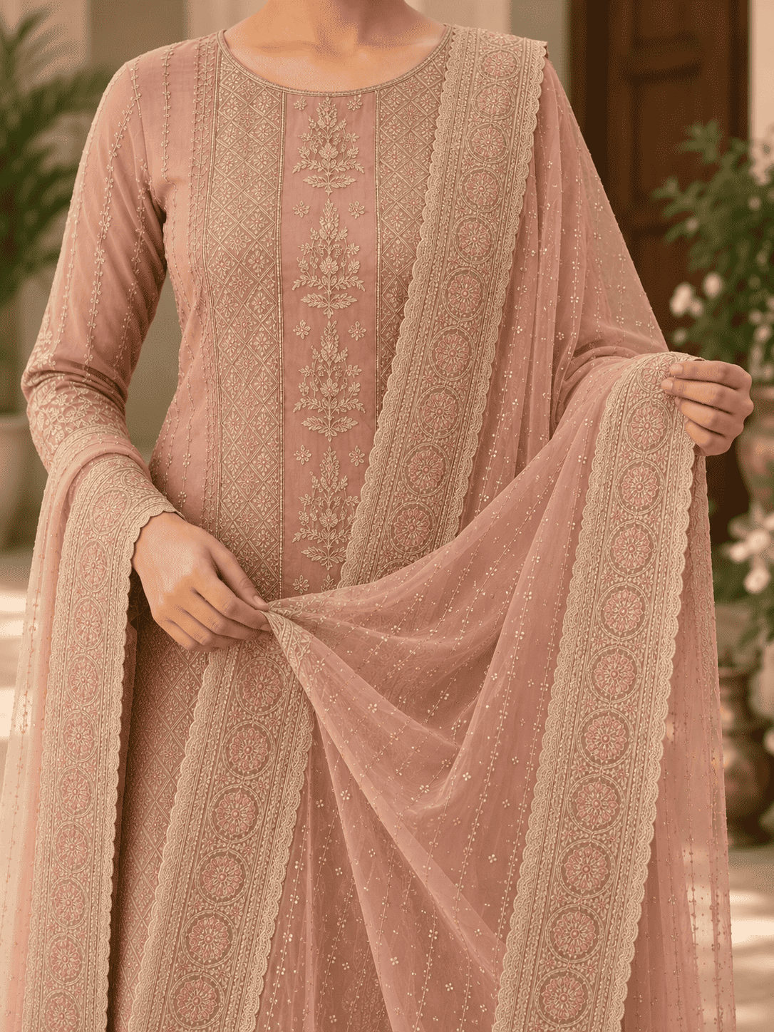 Unstitched Soft Blush Pink Organza With Intricate Ivory And Gold Threadwork Embroidery Suit Material
