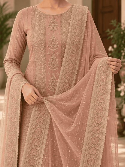 Unstitched Soft Blush Pink Organza With Intricate Ivory And Gold Threadwork Embroidery Suit Material