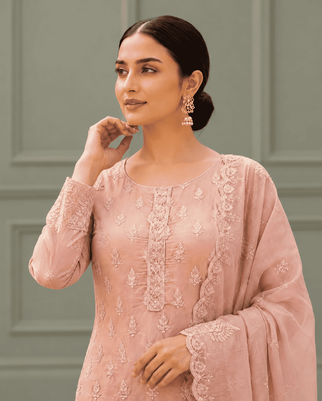 Semi-Stitched Dusty Rose Organza With Delicate Ivory Thread And Sequin Floral Motifs Suit Material