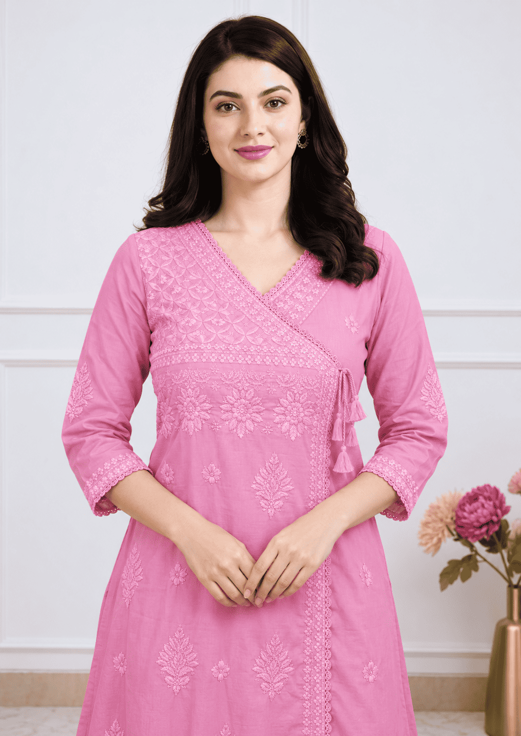 Pink Cotton blend angrakha style kurta with straight pant