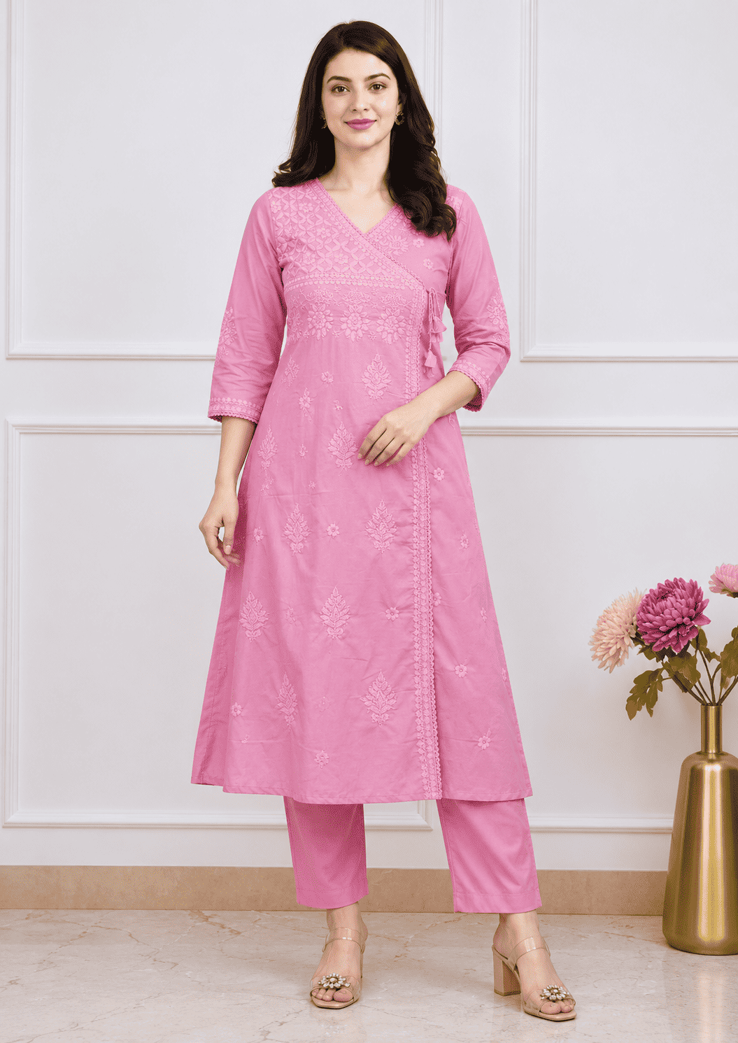 Pink Cotton blend angrakha style kurta with straight pant