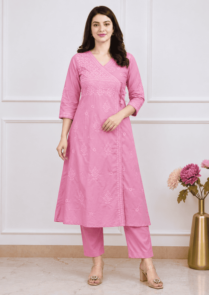 Pink Cotton blend angrakha style kurta with straight pant
