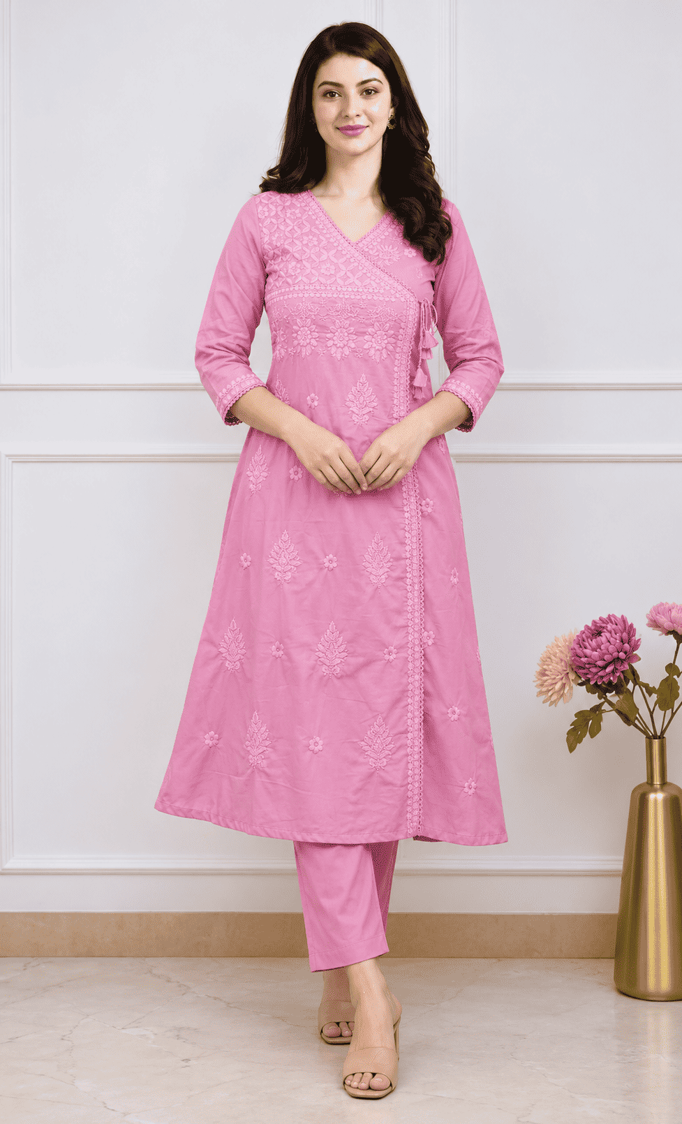 Pink Cotton blend angrakha style kurta with straight pant