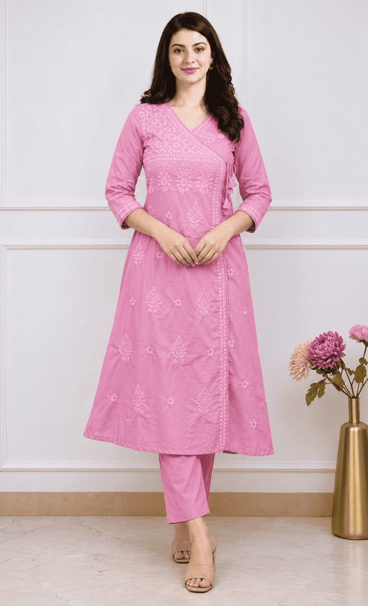 Pink Cotton blend angrakha style kurta with straight pant