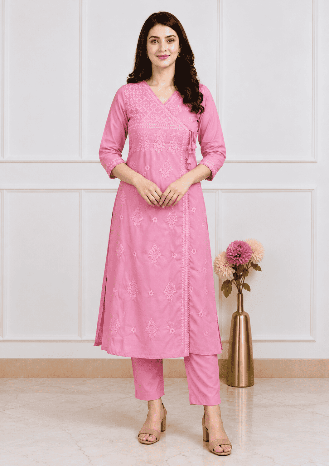 Pink Cotton blend angrakha style kurta with straight pant