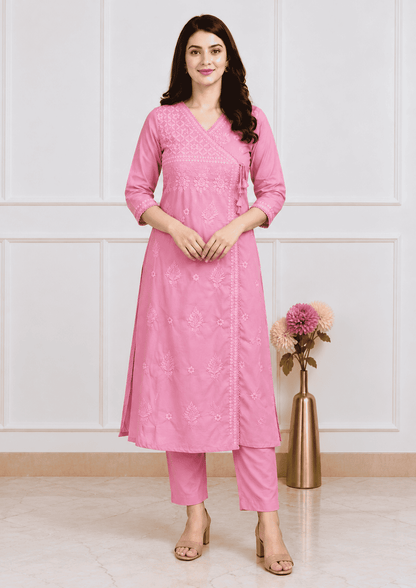 Pink Cotton blend angrakha style kurta with straight pant