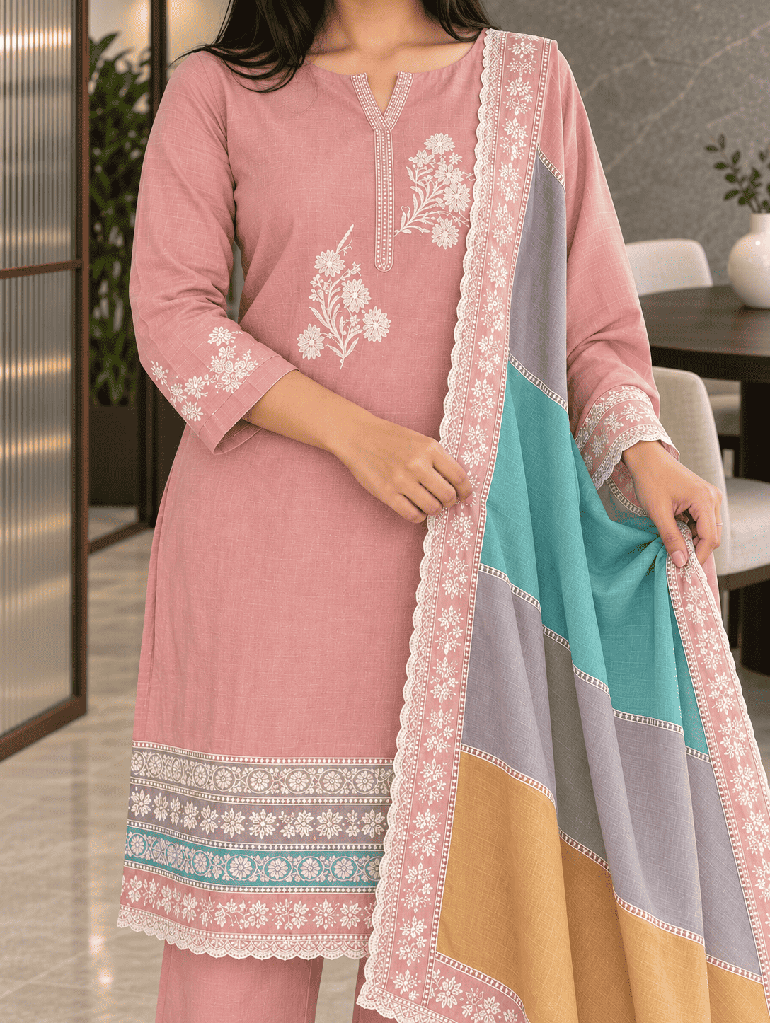 Unstitched pastel pink embroidered cotton suit set with a contrasting dupatta