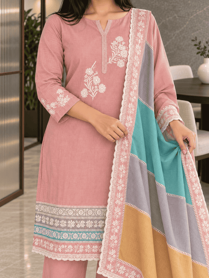 Unstitched pastel pink embroidered cotton suit set with a contrasting dupatta