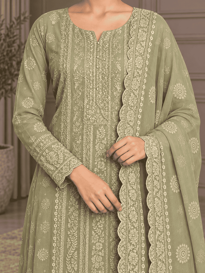 Unstitched Pastel Pistachio Green Chiffon Suit With Intricate Ivory Threadwork And Subtle Sequin Sparkle