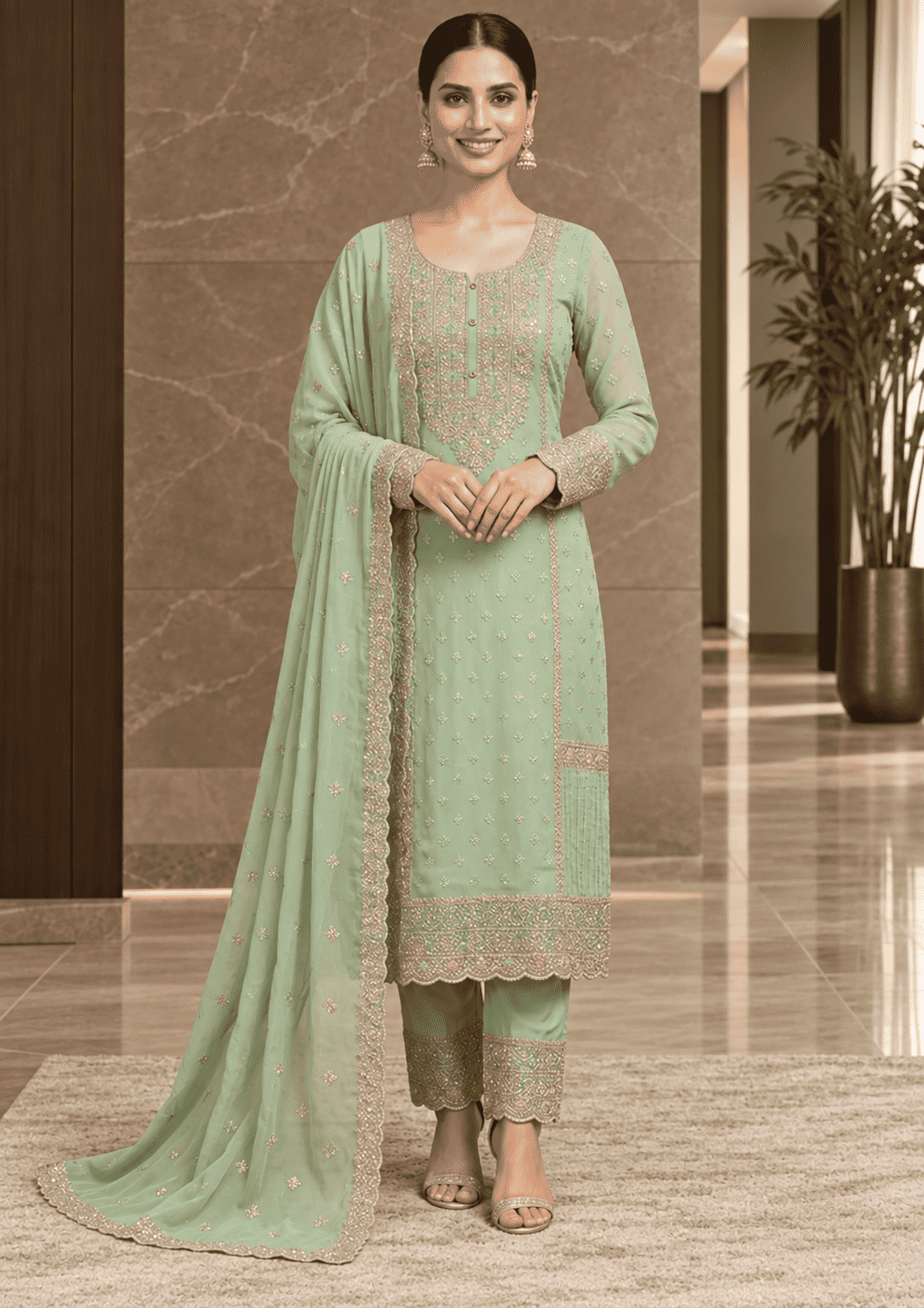 Semi-Stitched Soft Organza In Pastel Aqua With Intricate Multicolour Thread And Sequin Embroidery Suit Material