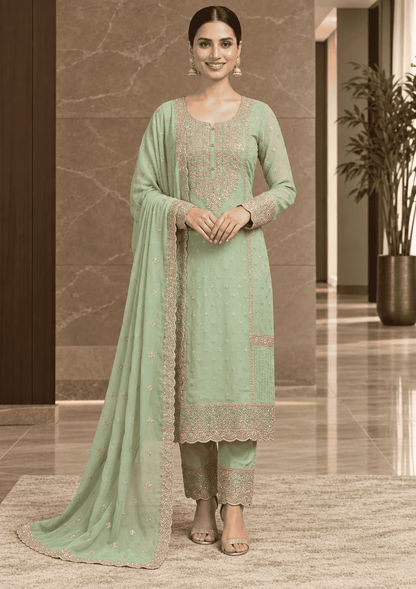 Semi-Stitched Soft Organza In Pastel Aqua With Intricate Multicolour Thread And Sequin Embroidery Suit Material